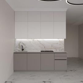 Элегантная встроенная кухня с мраморным фартуком и серыми фасадами. Стиль, практичность и долгове...